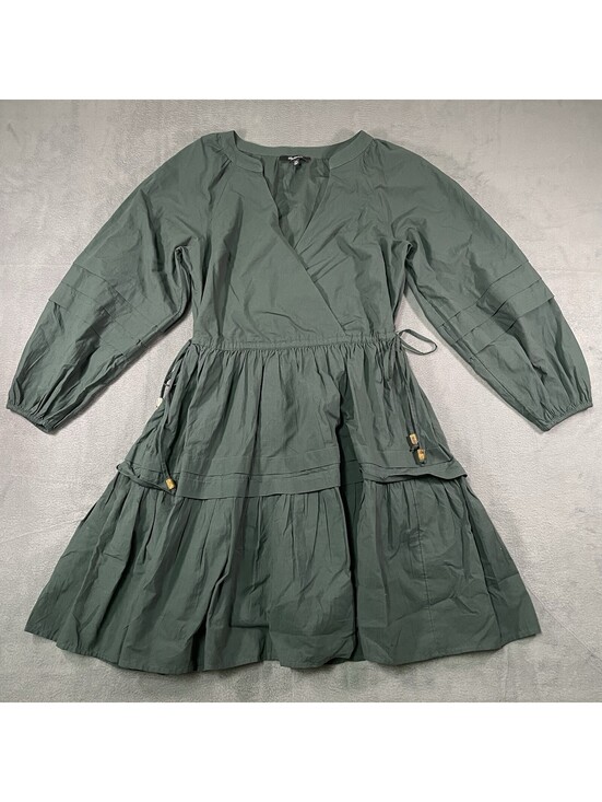 Madewell Dresses & Skirts - Madewell Emerald Green Poplin Long-Sleeve Faux Wrap Pockets Tiered Dress XXS